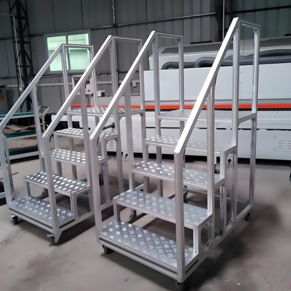 two aluminum industrial stairs and platforms